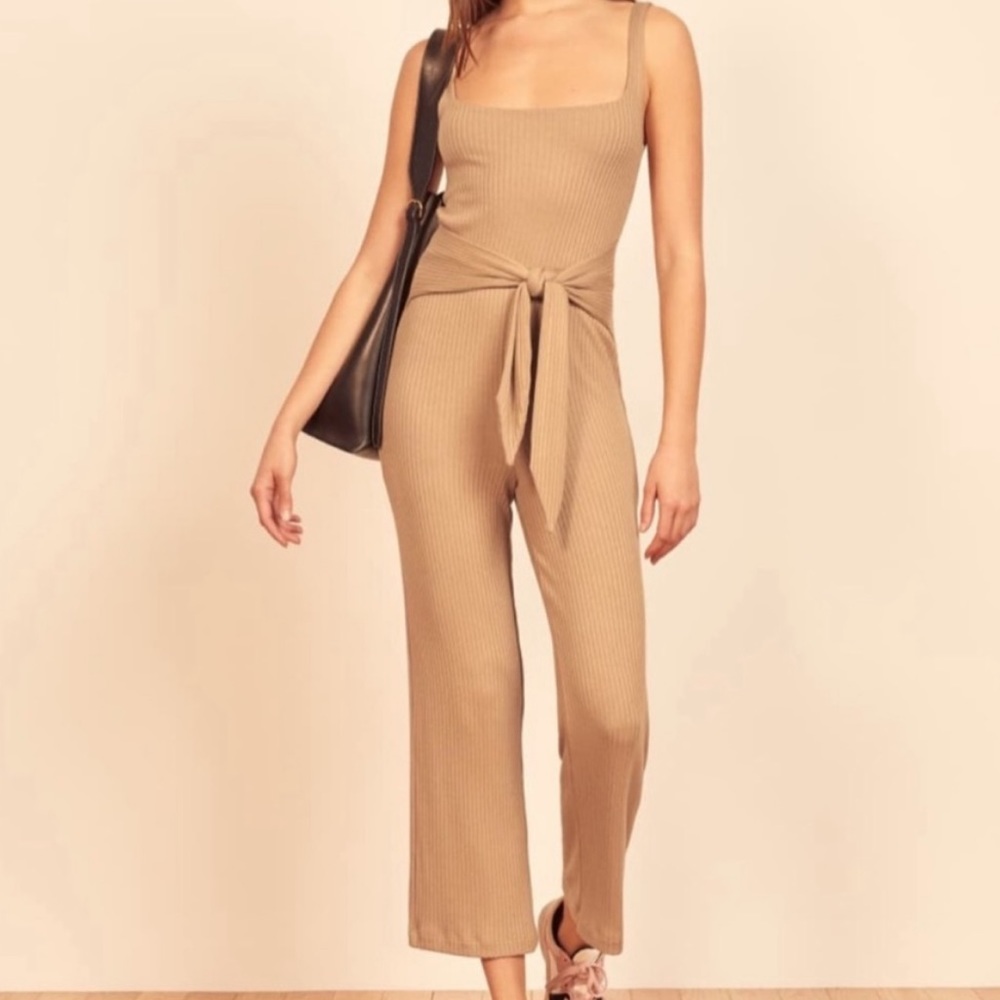 REFORMATION Kazu Ribbed Knit Jumpsuit in Tan
